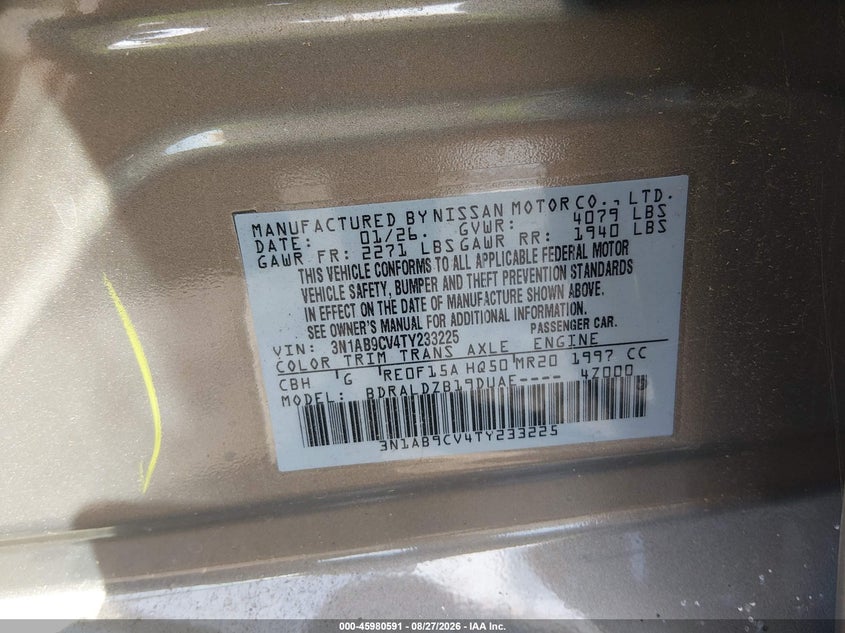 NISSAN SENTRA 2026 VIN 3N1AB9CV4TY233225