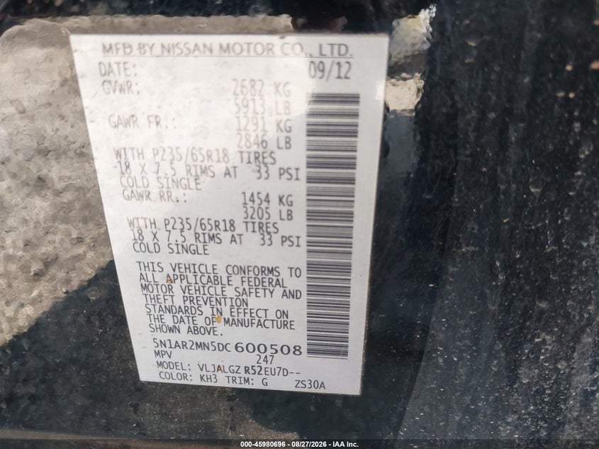 NISSAN PATHFINDER 2013 VIN 5N1AR2MN5DC600508