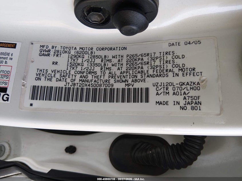 LEXUS GX 470 2005 VIN JTJBT20X450087009