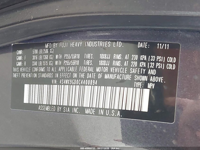 SUBARU TRIBECA 2012 VIN 4S4WX9GD0C4400894