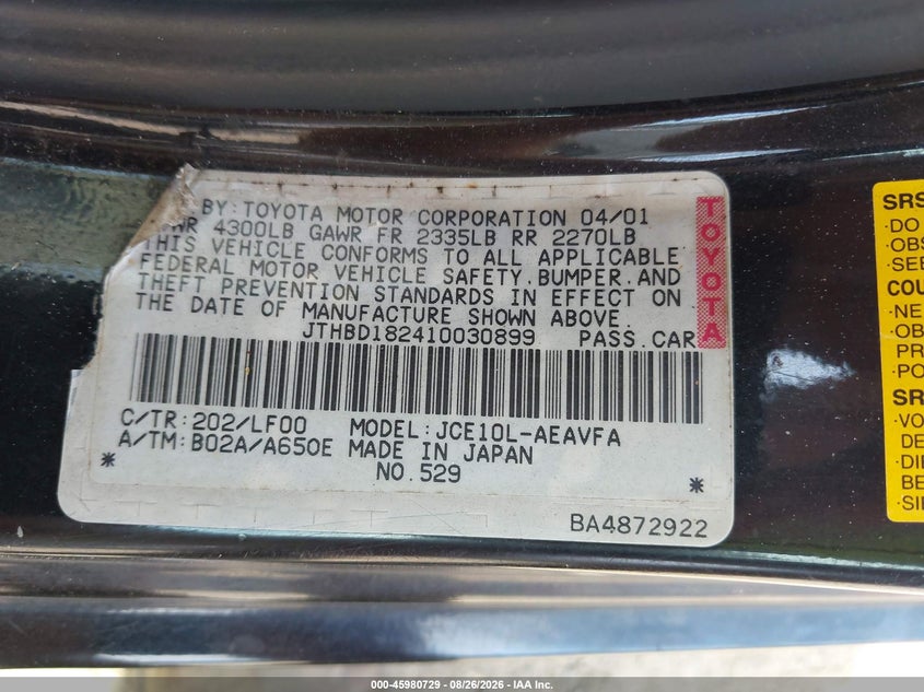 LEXUS IS 300 2001 VIN JTHBD182410030899
