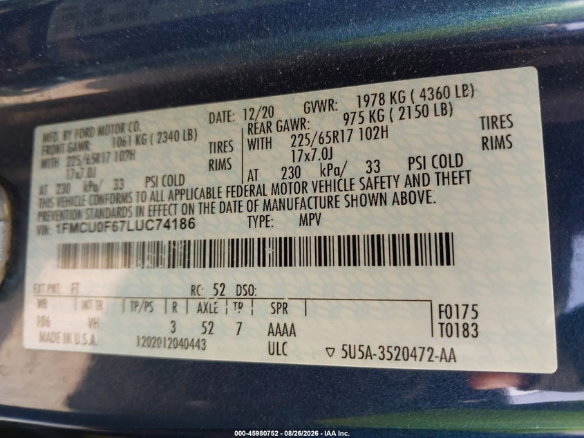 2020 FORD ESCAPE SPORT UTILITY VEHICLE 1.5L I-3 DI, DOHC, VVT, TURBO, 181HP