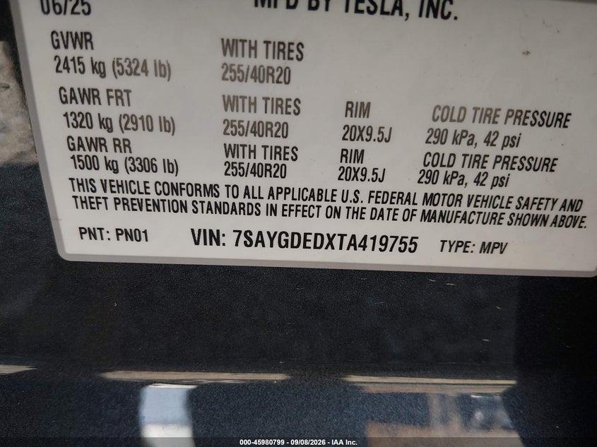 TESLA MODEL Y 2026 VIN 7SAYGDEDXTA419755