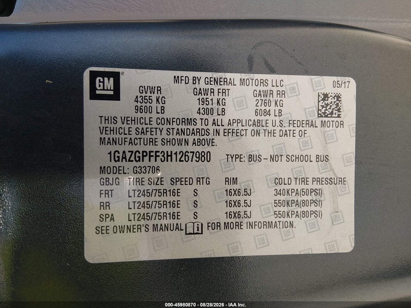 CHEVROLET EXPRESS 3500 2017 VIN 1GAZGPFF3H1267980