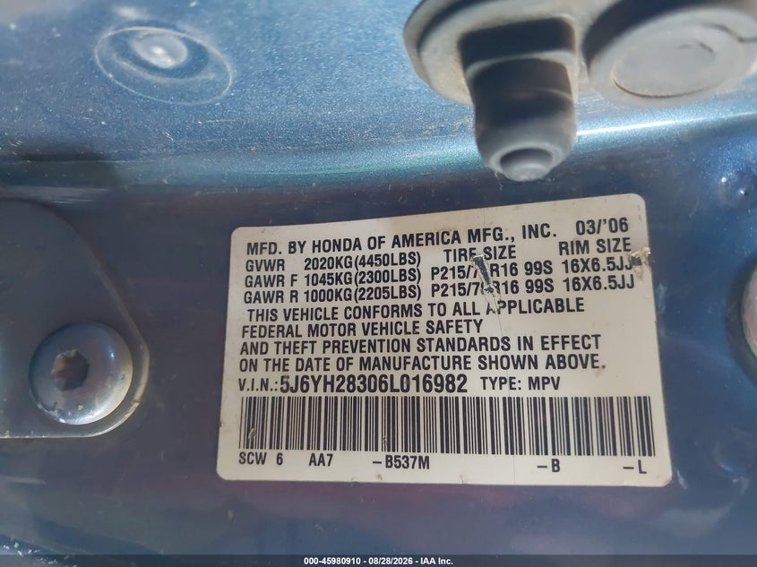 HONDA ELEMENT 2006 VIN 5J6YH28306L016982