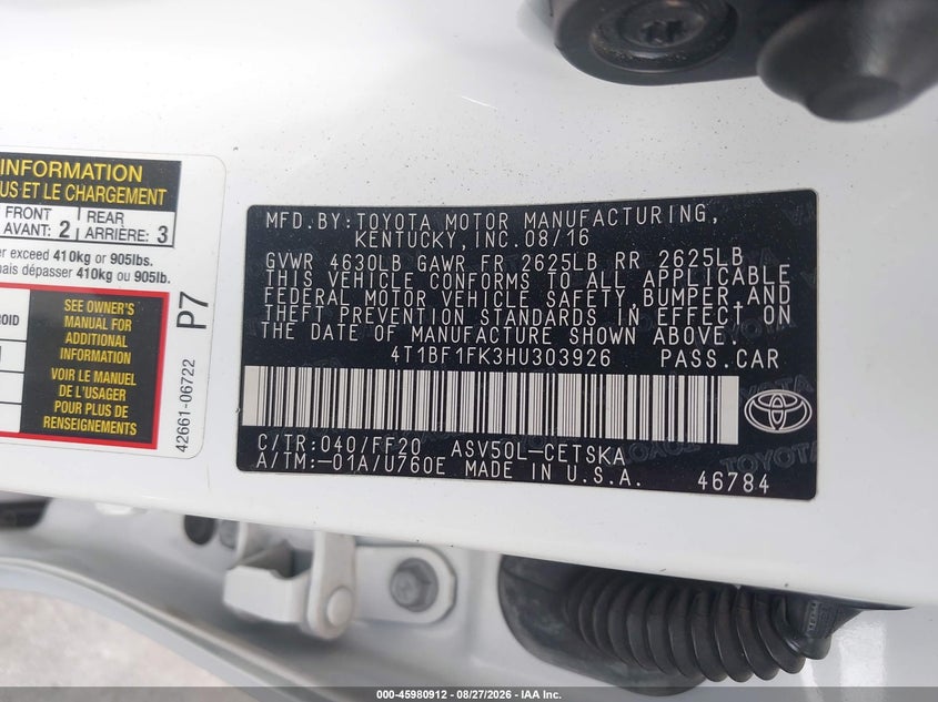 2017 TOYOTA CAMRY SEDAN 2.5L I-4 DOHC, VVT, 178HP