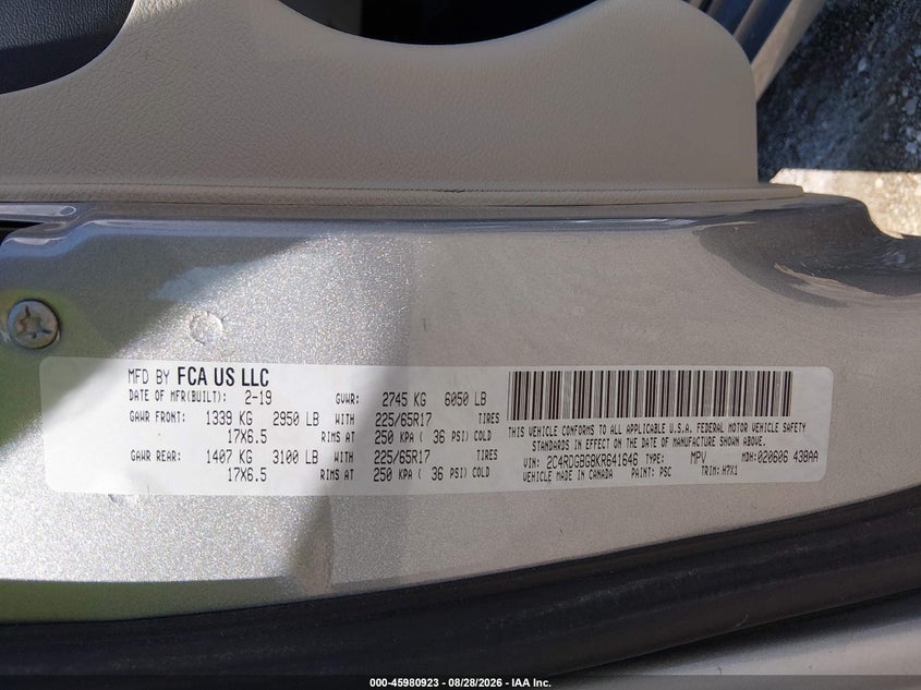 DODGE GRAND CARAVAN 2019 VIN 2C4RDGBG8KR641646