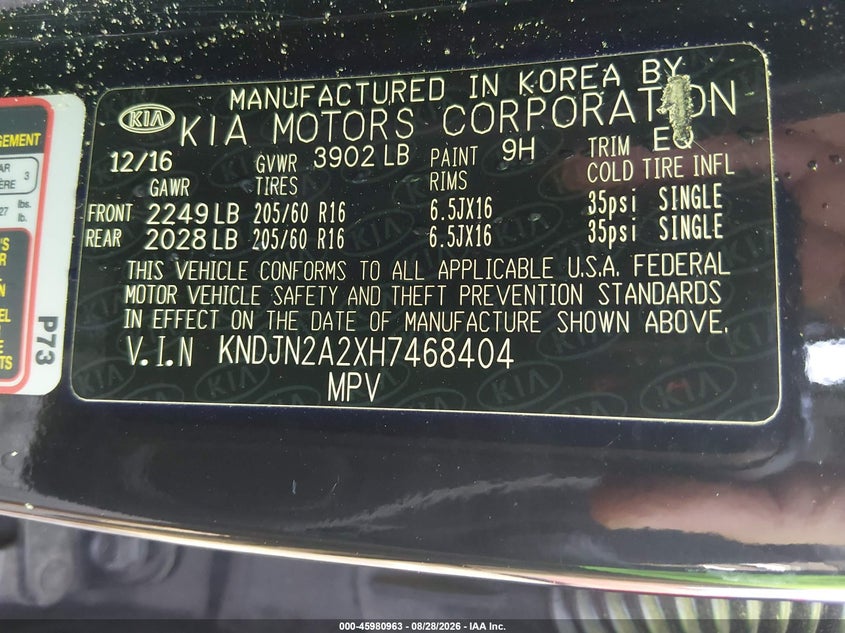 KIA SOUL 2017 VIN KNDJN2A2XH7468404