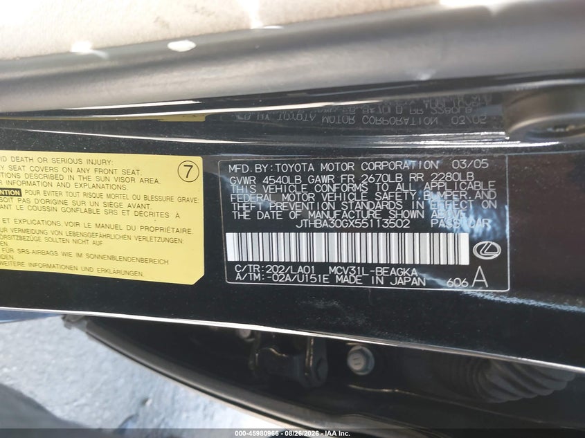 LEXUS ES 330 2005 VIN JTHBA30GX55113502