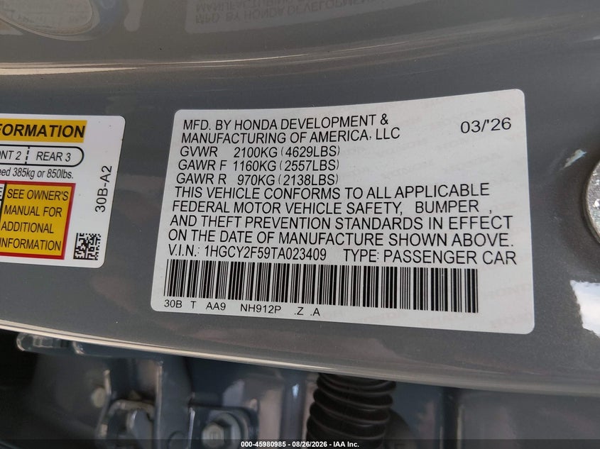 HONDA ACCORD HYBRID 2026 VIN 1HGCY2F59TA023409
