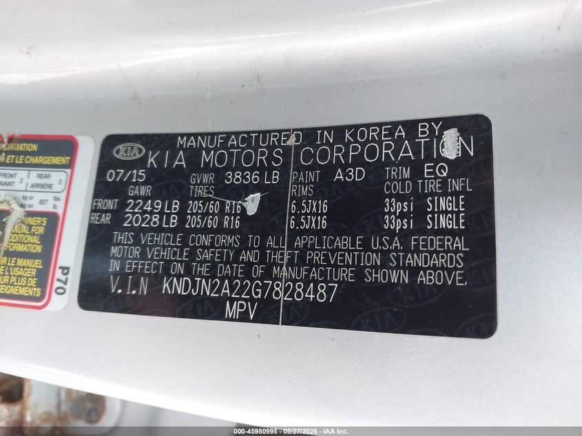 KIA SOUL 2016 VIN KNDJN2A22G7828487