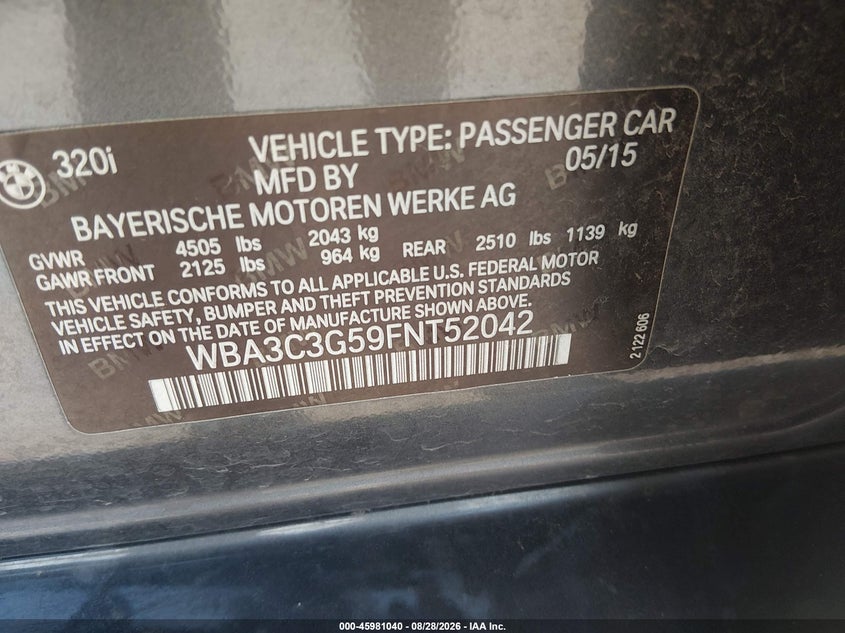 BMW 320I 2015 VIN WBA3C3G59FNT52042