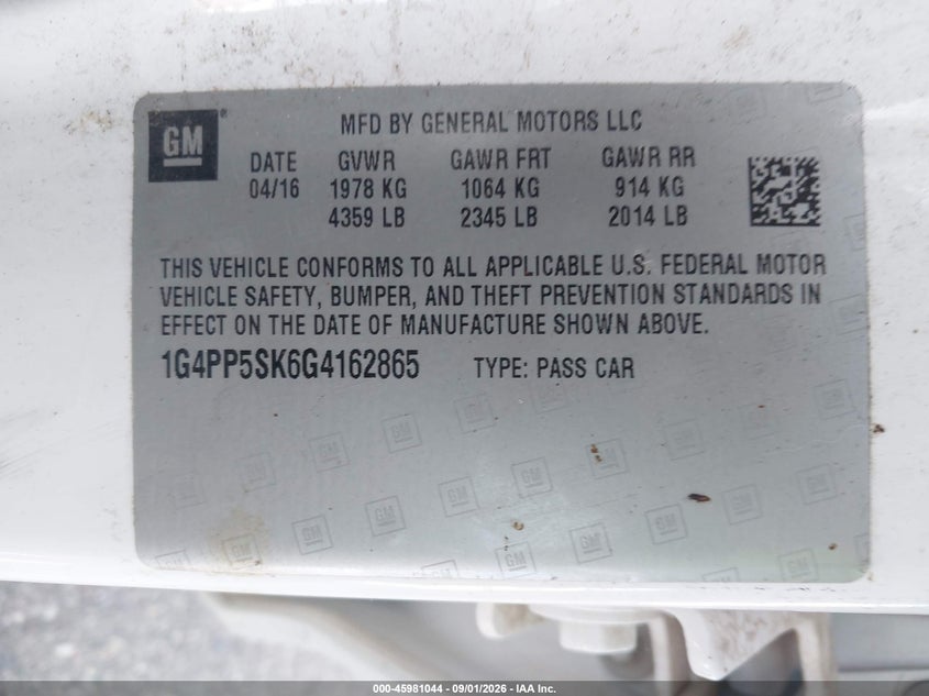 BUICK VERANO 2016 VIN 1G4PP5SK6G4162865