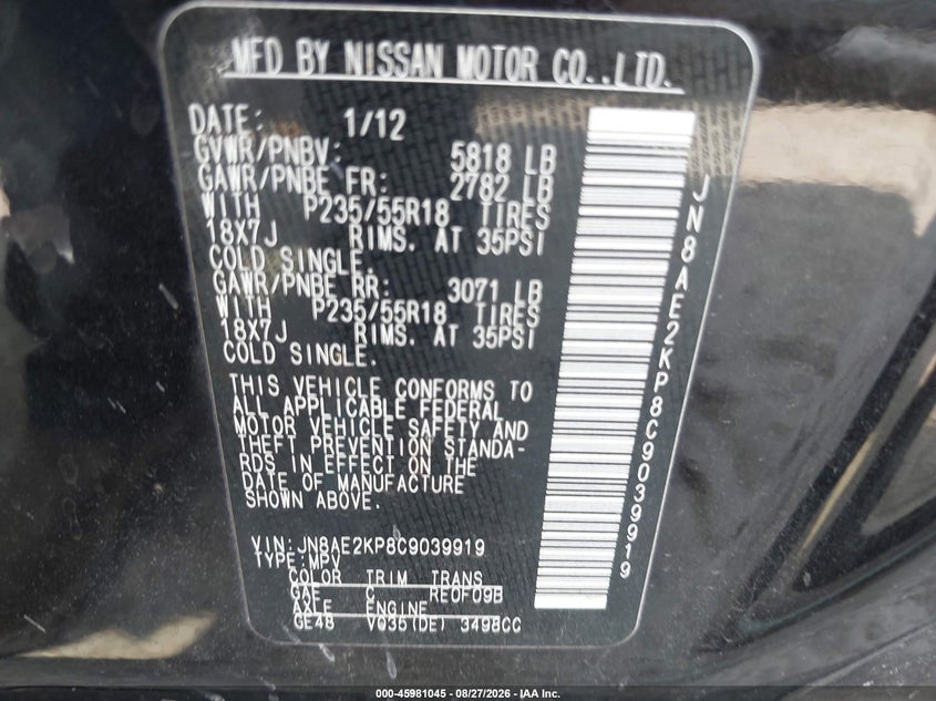 NISSAN QUEST 2012 VIN JN8AE2KP8C9039919