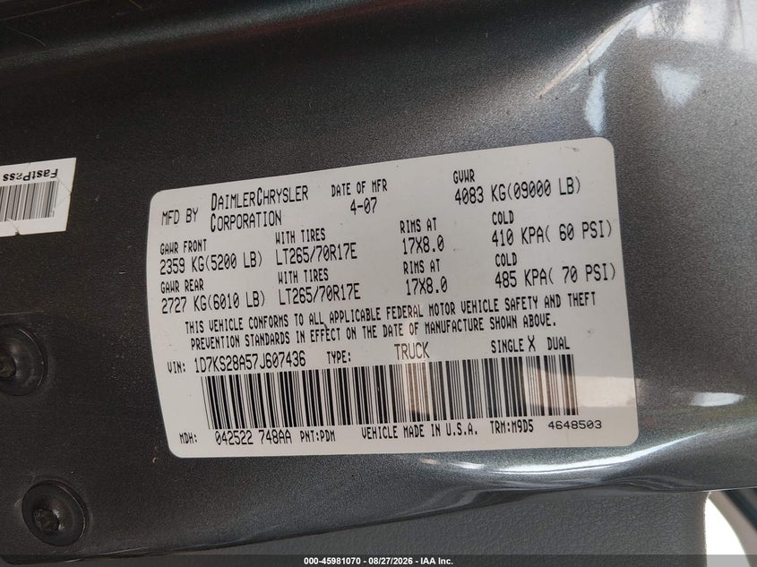 DODGE RAM 2500 2007 VIN 1D7KS28A57J607436