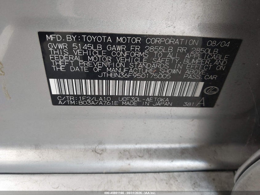 LEXUS LS 430 2005 VIN JTHBN36F950175005