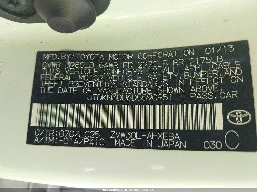 TOYOTA PRIUS 2013 VIN JTDKN3DU6D5590951