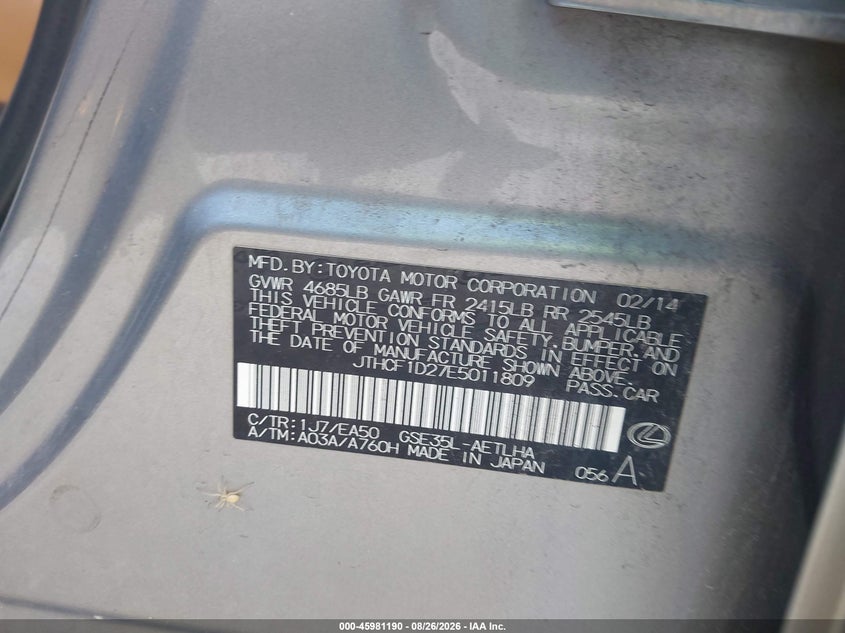 LEXUS IS 250 2014 VIN JTHCF1D27E5011809