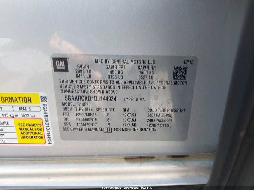 BUICK ENCLAVE 2013 VIN 5GAKRCKD1DJ144934
