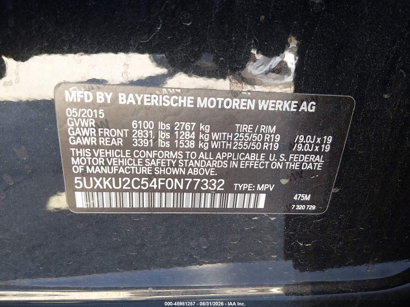 BMW X6 2015 VIN 5UXKU2C54F0N77332