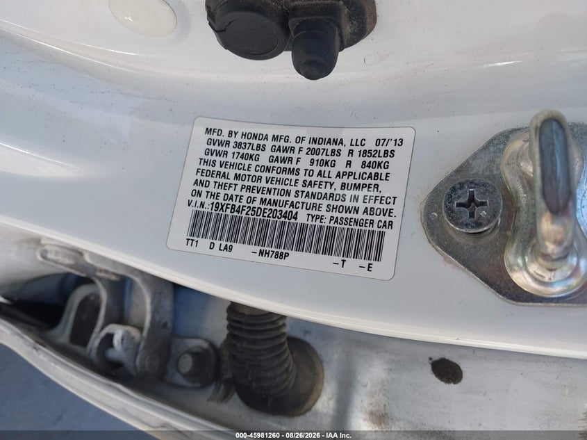 2013 HONDA CIVIC SEDAN 1.5L I-4 VVT, 90HP