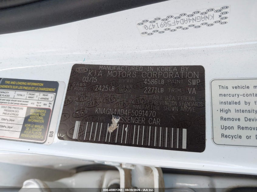 KIA OPTIMA HYBRID 2015 VIN KNAGN4AD4F5091470