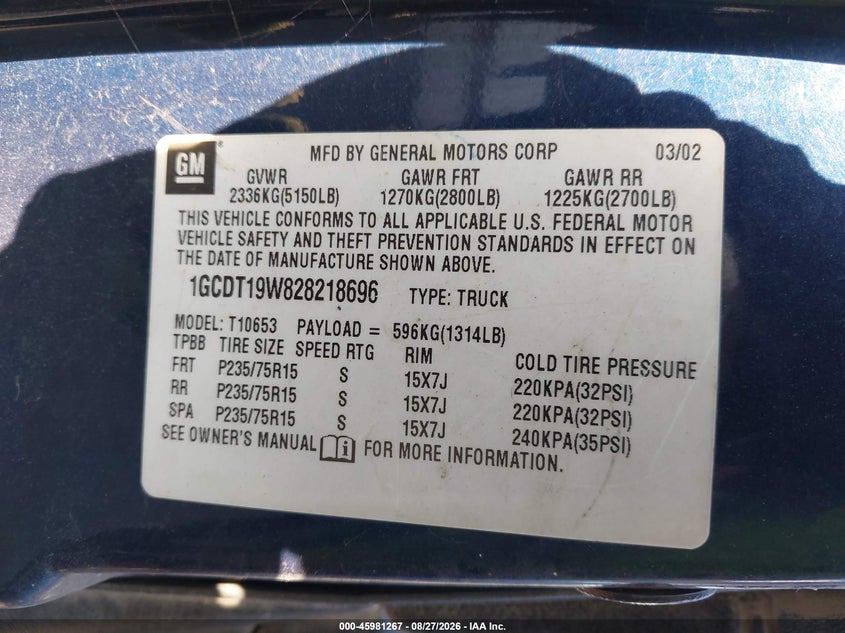 CHEVROLET S-10 2002 VIN 1GCDT19W828218696