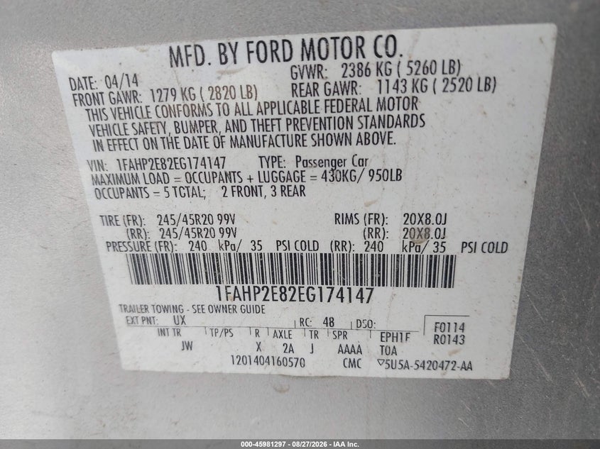 FORD TAURUS 2014 VIN 1FAHP2E82EG174147