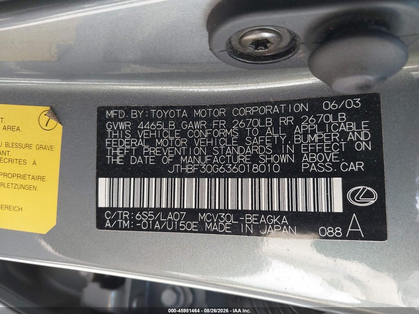 LEXUS ES 300 2003 VIN JTHBF30G636018010