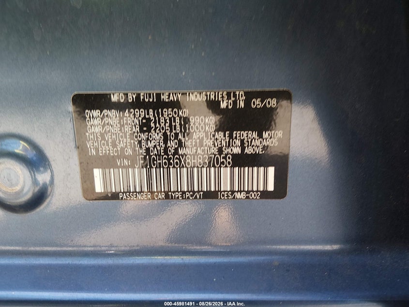SUBARU IMPREZA OUTBACK SPORT 2008 VIN JF1GH636X8H837058