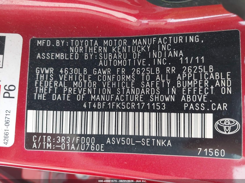 TOYOTA CAMRY 2012 VIN 4T4BF1FK5CR171153