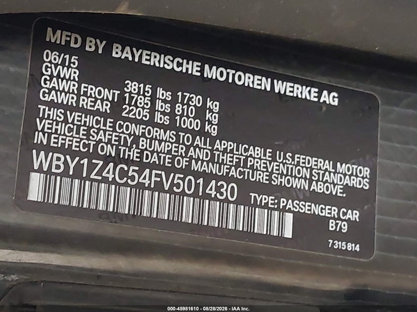 BMW I3 2015 VIN WBY1Z4C54FV501430
