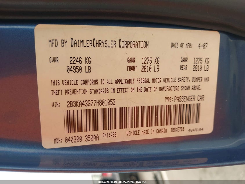 2007 DODGE CHARGER SEDAN 3.5L V-6 REGULAR , 250HP