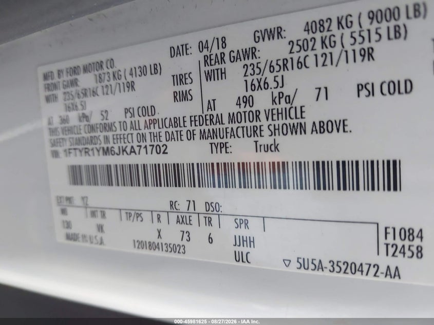 FORD TRANSIT-250 2018 VIN 1FTYR1YM6JKA71702