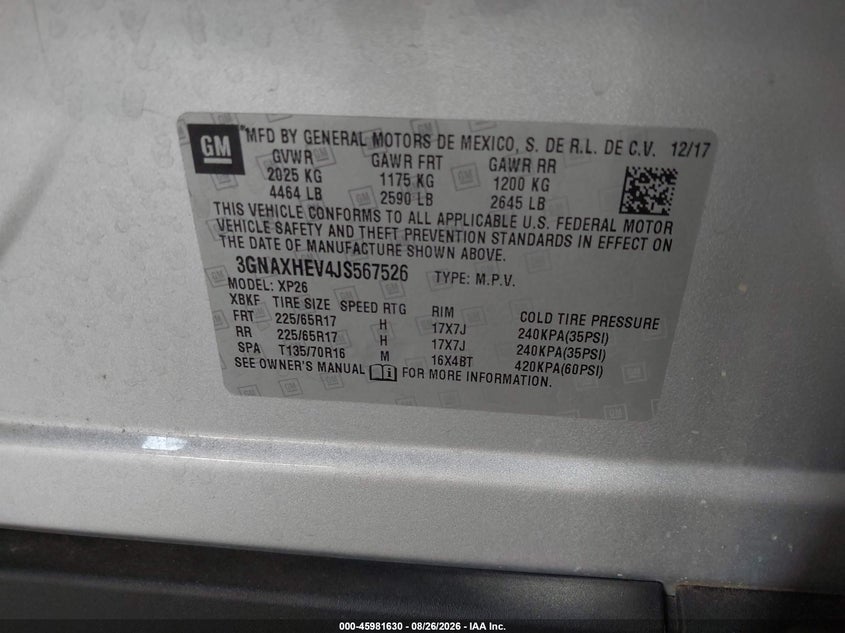 CHEVROLET EQUINOX 2018 VIN 3GNAXHEV4JS567526