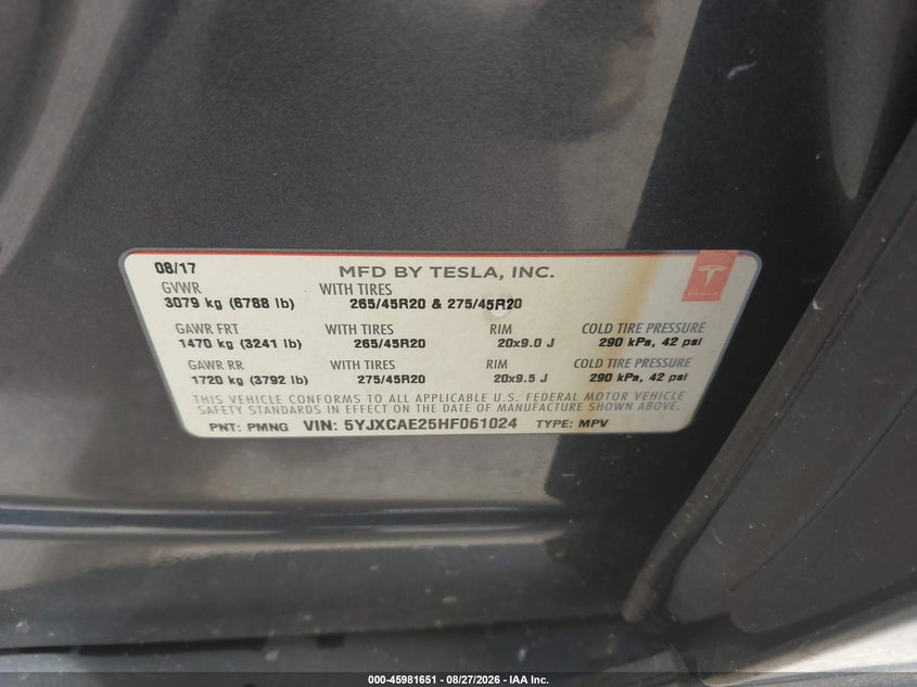 TESLA MODEL X 2017 VIN 5YJXCAE25HF061024