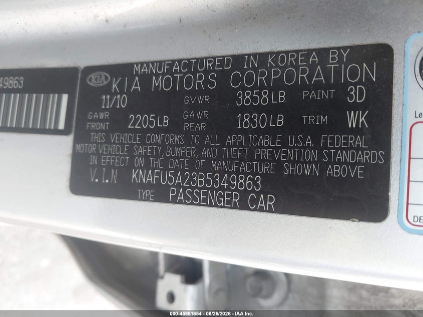KIA FORTE 2011 VIN KNAFU5A23B5349863