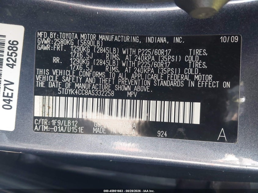 TOYOTA SIENNA 2010 VIN 5TDYK4CC8AS332258