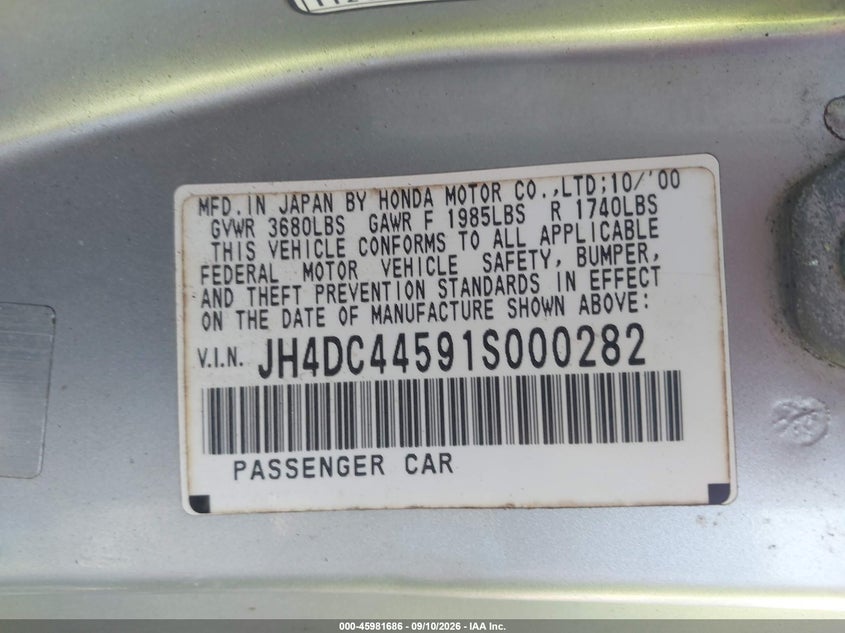 ACURA INTEGRA 2001 VIN JH4DC44591S000282