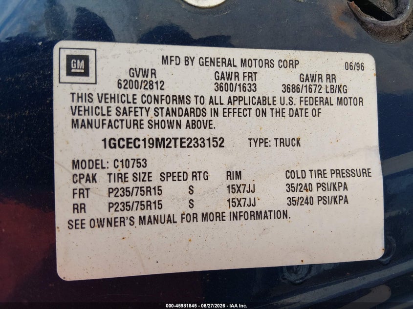 CHEVROLET GMT-400 1996 VIN 1GCEC19M2TE233152