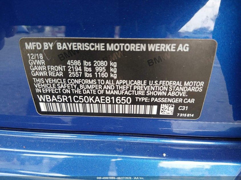 BMW 330I 2019 VIN WBA5R1C50KAE81650