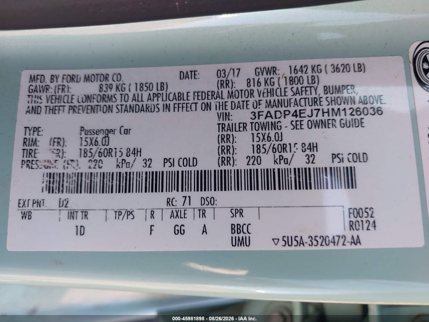 FORD FIESTA 2017 VIN 3FADP4EJ7HM126036