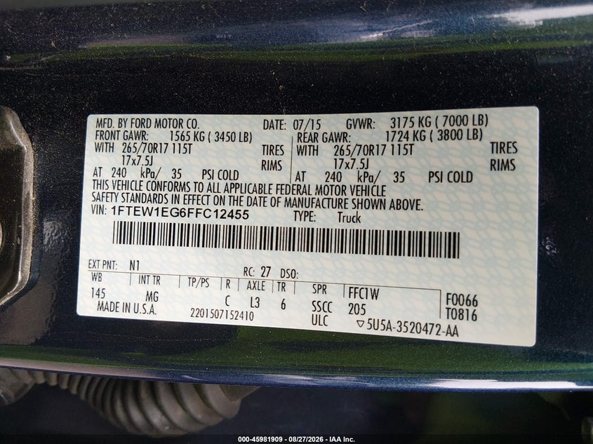 FORD F-150 2015 VIN 1FTEW1EG6FFC12455
