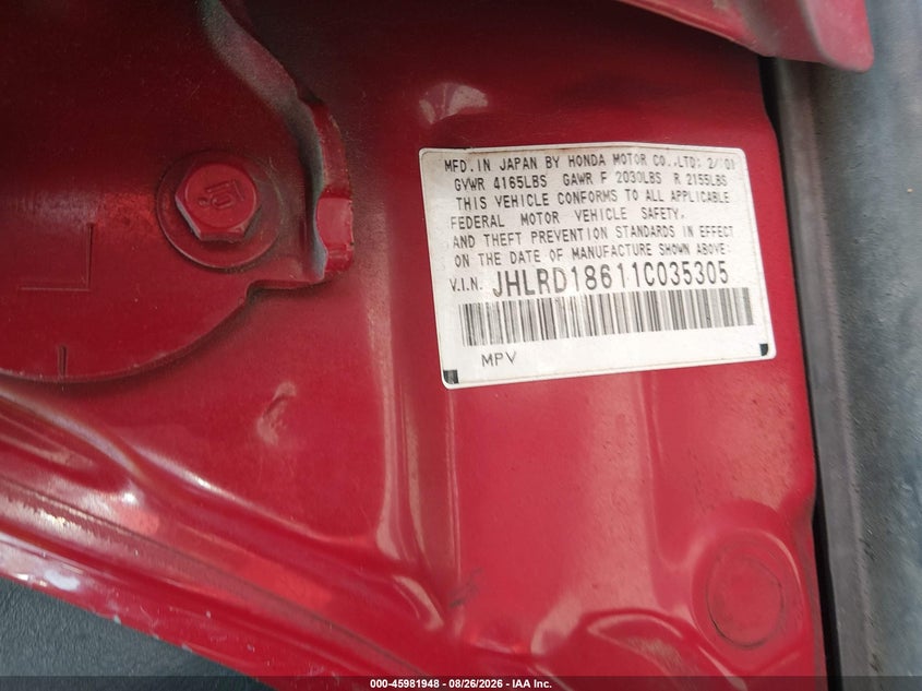 HONDA CR-V 2001 VIN JHLRD18611C035305