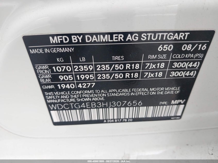 MERCEDES-BENZ GLA 250 2017 VIN WDCTG4EB3HJ307656