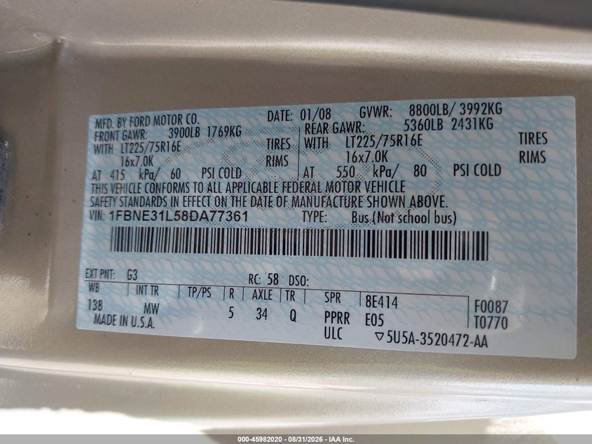 FORD E-350 SUPER DUTY 2008 VIN 1FBNE31L58DA77361