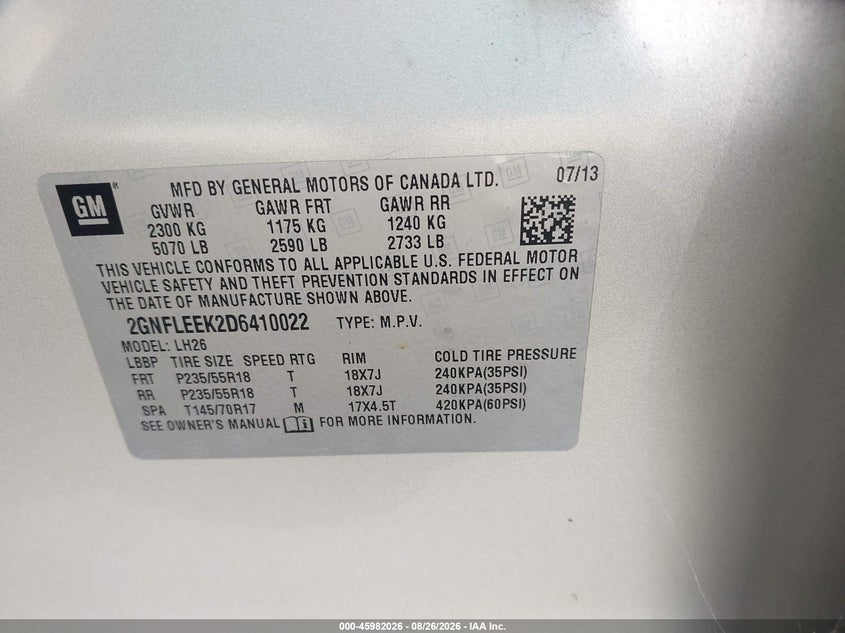 CHEVROLET EQUINOX 2013 VIN 2GNFLEEK2D6410022