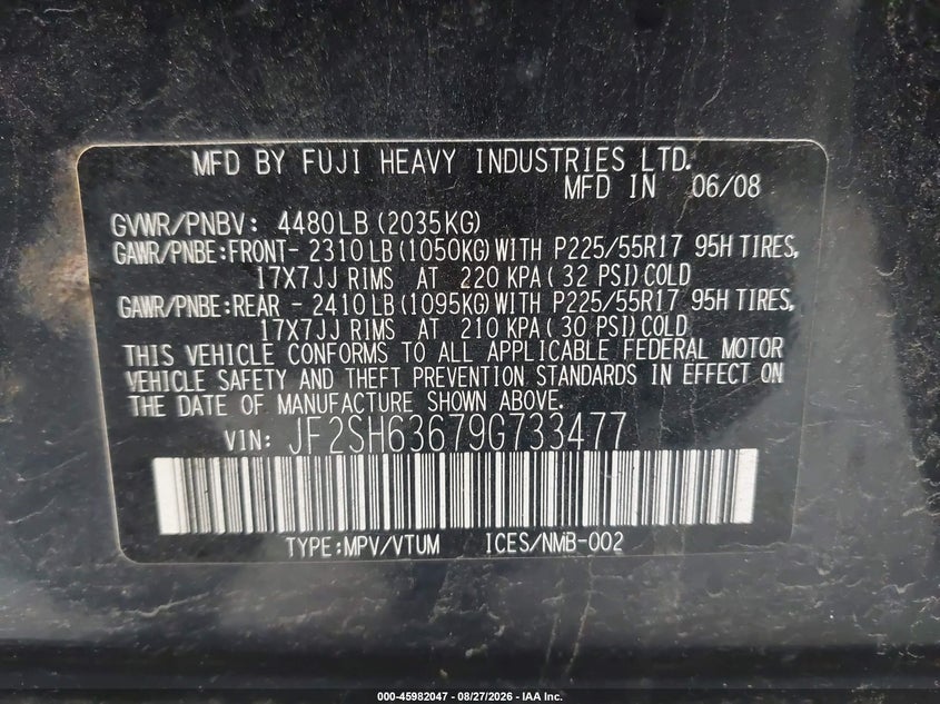 SUBARU FORESTER 2009 VIN JF2SH63679G733477