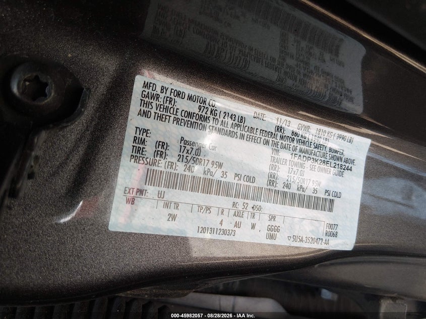 FORD FOCUS 2014 VIN 1FADP3K28EL218244