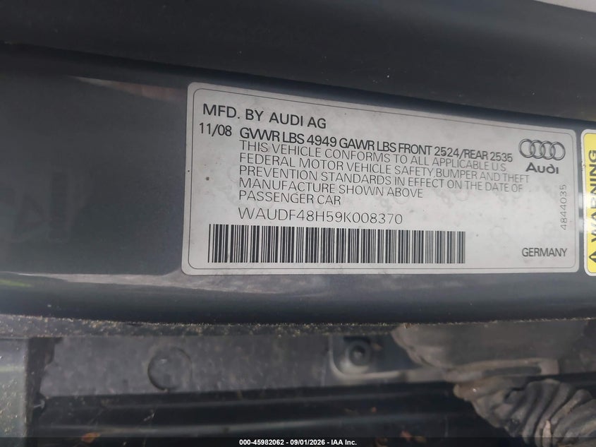 AUDI A4 2009 VIN WAUDF48H59K008370